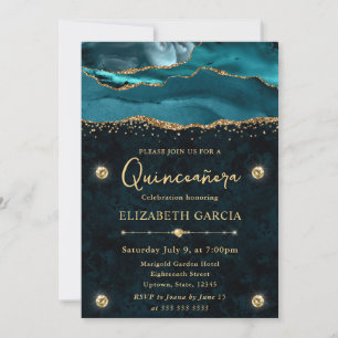 Convites Teal e Dourado Brilho Ágata Quinceanera