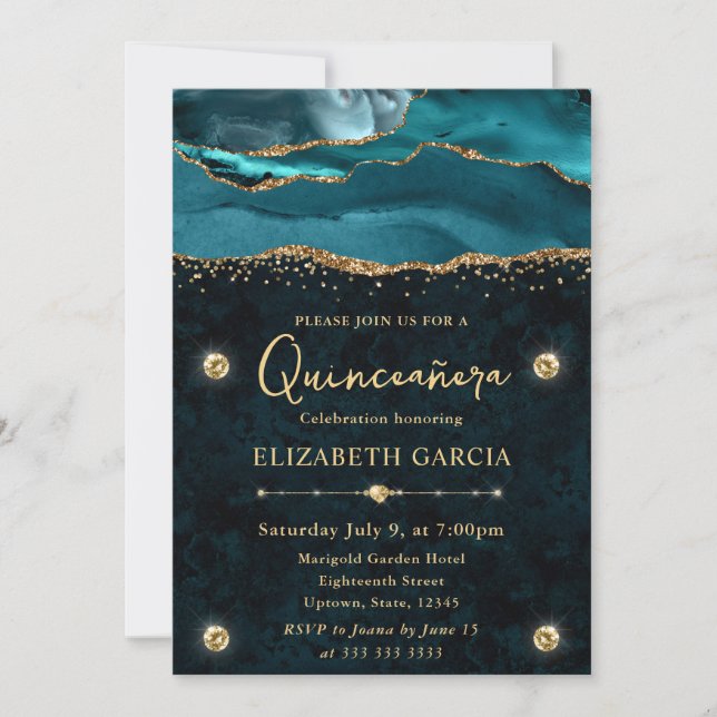 Convites Teal e Dourado Brilho Ágata Quinceanera (Frente)