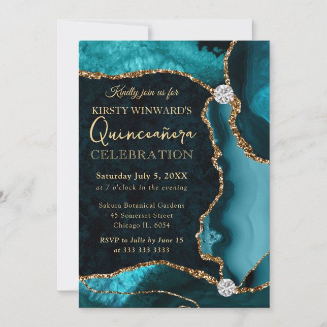 Convites Teal e Dourado Falso Brilho Ágata Quinceanera (Frente)