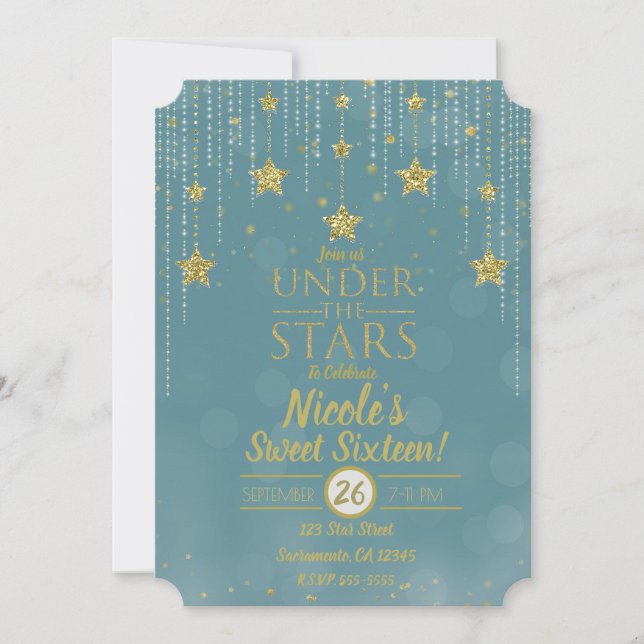 Convites Teal E Dourado Sob As Estrelas Starry Sweet 16 (Frente)