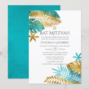 Convites Teal e Dourado Tropical Bat Mitzvah na Praia