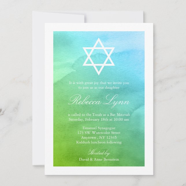 Convites Teal e Green Watercolor Bat Mitzvah (Frente)