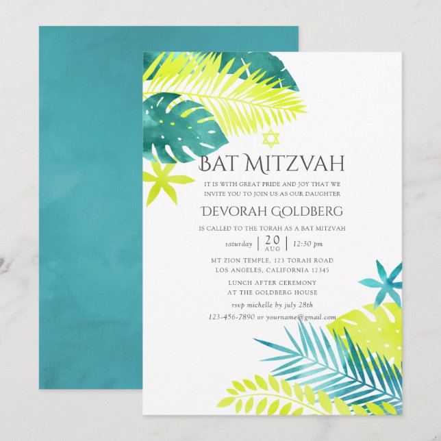 Convites Teal e Lemon Tropical Bat Mitzvah (Frente/Verso)