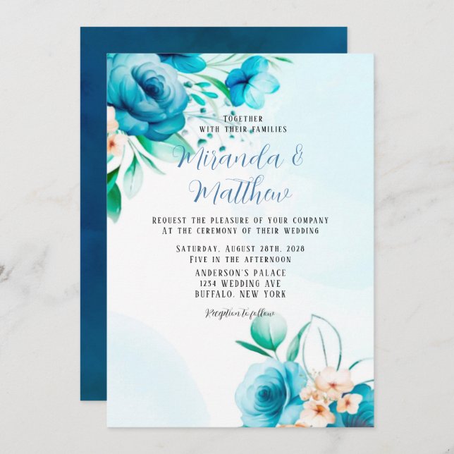 Convites Teal e Peach Watercolor Florals Casamento Invitati (Frente/Verso)