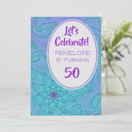 Convites Teal e Plum Fractal Floral Padrão 50º Aniversário
