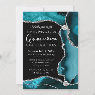 Convites Teal e Prata Falso Brilho Ágata Quinceanera