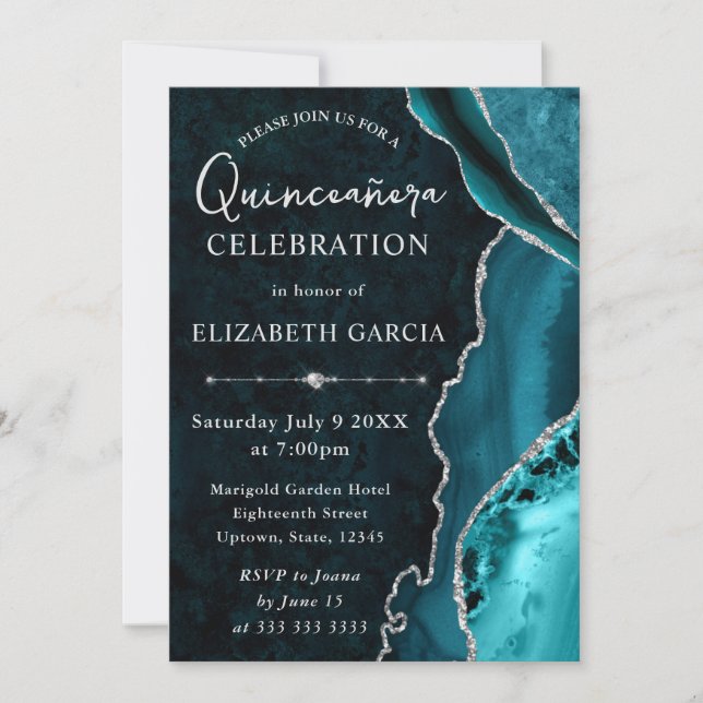 Convites Teal  e Prata Glitter Agate Quinceanera (Frente)