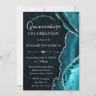 Convites Teal e Prata Glitter Agate Quinceanera