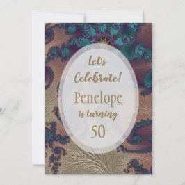 Convites Teal e Rosa Dourada Feathery Fractal 50º aniversár