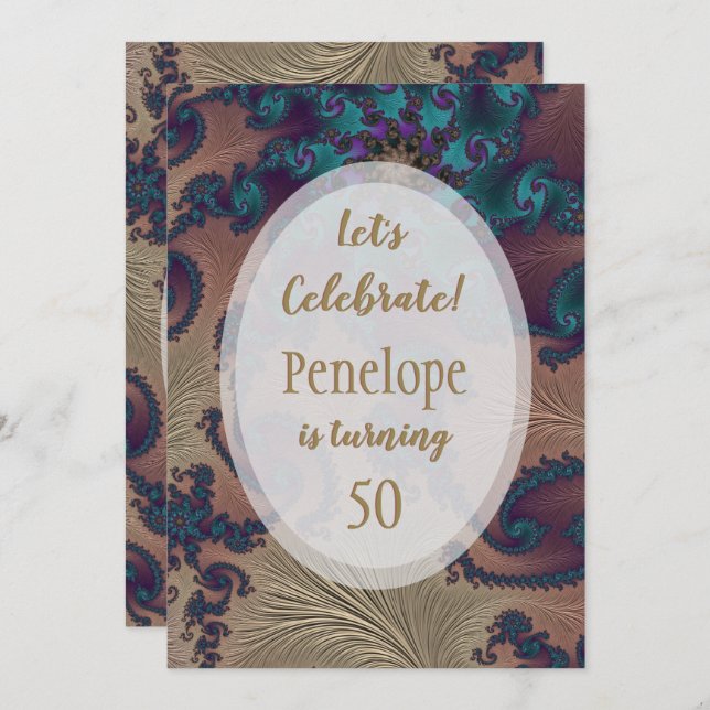 Convites Teal e Rosa Dourada Feathery Fractal 50º aniversár (Frente/Verso)