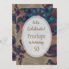 Convites Teal e Rosa Dourada Feathery Fractal 50º aniversár