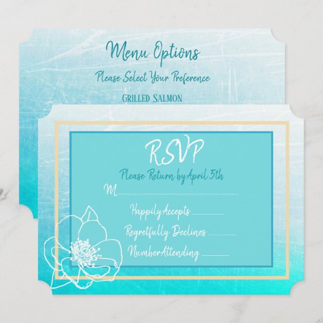 Convites Teal e Turquesa Azul Flor Branca Casamento RSVP (Frente/Verso)