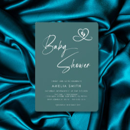 Convites Teal Elegant Script Baby Shower Heart Footprints