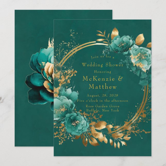 Convites Teal Elegante e Chá de casamento Floral Dourado (Frente/Verso)