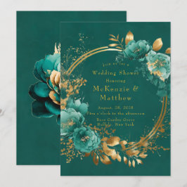 Convites Teal Elegante e Chá de casamento Floral Dourado