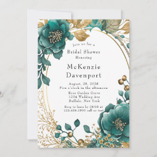 Convites Teal Elegante e Chá de panela Floral Dourado