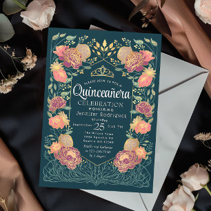 Convites Teal Encantado Jardim Floral Quinceanera
