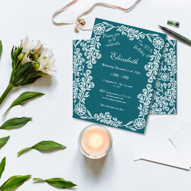 Convites Teal Escuro e aniversário de 30 anos botânico Bran (Criador carregado)
