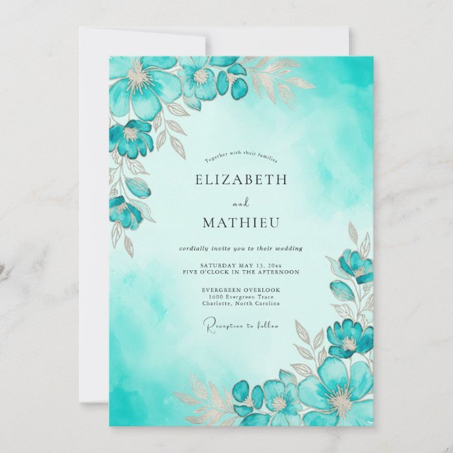 Convites Teal Ethereal Watercolor Wedding (Frente)
