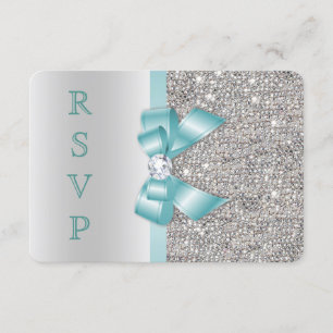 Convites Teal Falso Laço Lantejoulas Prateadas Diamante RSV