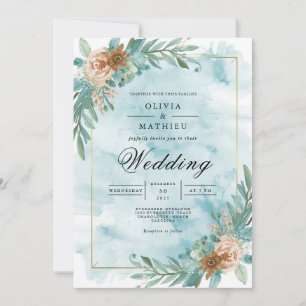 Convites Teal Floral Accent Romântico Casamento