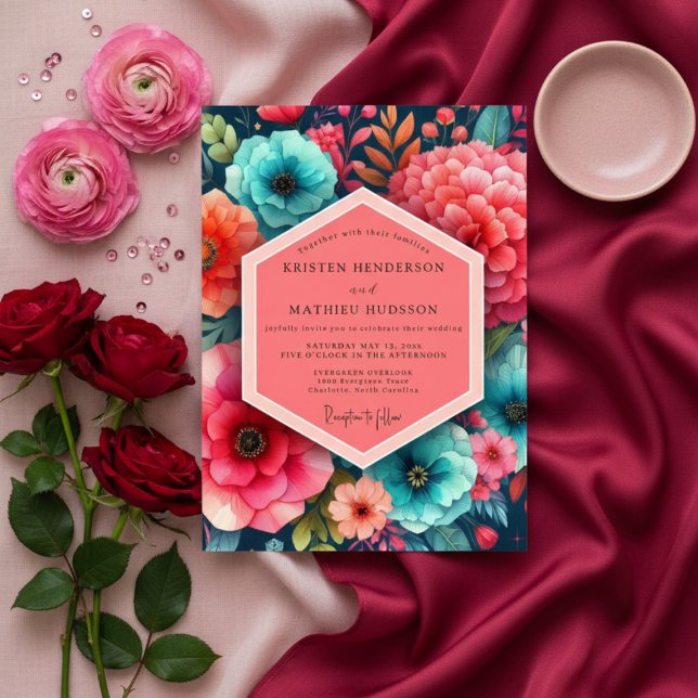 Convites Teal Floral Bloom Romance Wedding (Criador carregado)