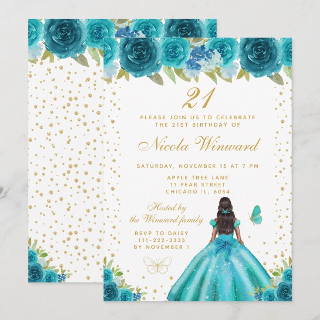 Convites Teal Floral Dark Skin Princess Birthday Party (Frente/Verso)