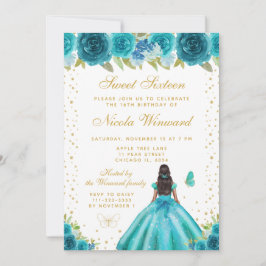 Convites Teal Floral Dark Skin Princess Sweet Sixteen