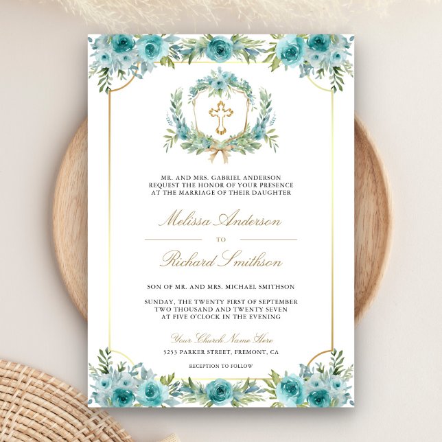 Convites Teal Floral Dourada Católica Cruzada QR Casamento (Criador carregado)