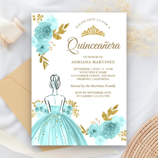 Convites Teal Floral Dress Princesa Dourada Quinceanera (Criador carregado)
