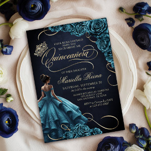 Convites Teal Floral Dress Quinceañera