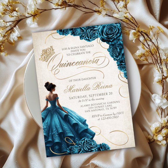 Convites Teal Floral Dress Quinceañera (Criador carregado)
