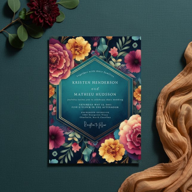Convites Teal Floral Enchanted Romance Wedding (Criador carregado)