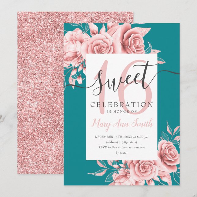 Convites Teal Floral & Glitter Sweet 16 Script Dourado do r (Frente/Verso)
