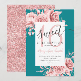 Convites Teal Floral & Glitter Sweet 16 Script Dourado do r
