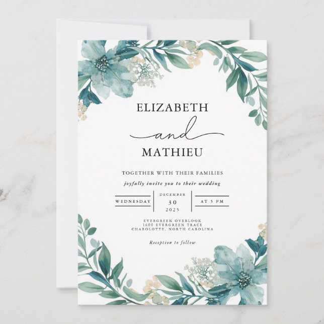 Convites Teal Floral Lush Casamento Flourish (Frente)