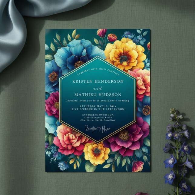 Convites Teal Floral Lush Romance Wedding (Criador carregado)