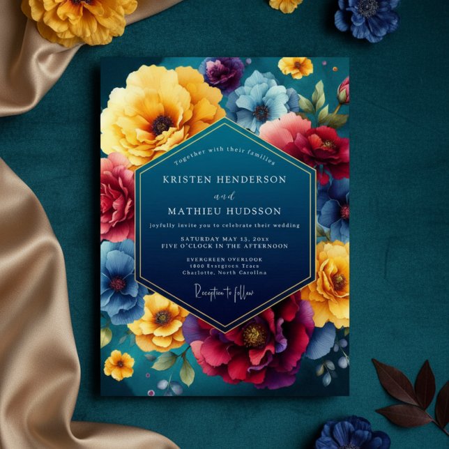Convites Teal Floral Luxe Wedding (Criador carregado)