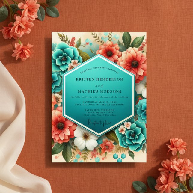 Convites Teal Floral Opulent Romance Wedding (Criador carregado)