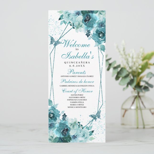 Convites Teal Floral Quinceanera (Em pé/Frente)