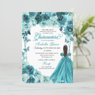 Convites Teal Floral Quinceanera Elegante