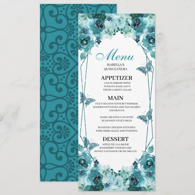 Convites Teal Floral Quinceanera Menu (Frente/Verso)
