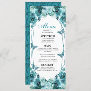 Convites Teal Floral Quinceanera Menu