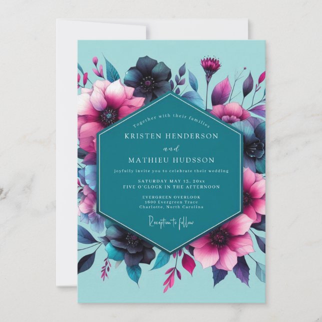 Convites Teal Fuchsia Moody Bloom Wedding (Frente)