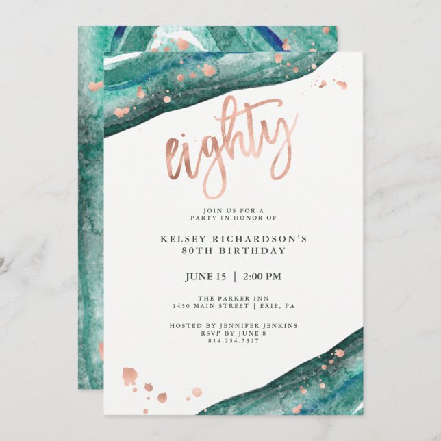 Convites Teal Geode e Faux Rosa Dourado | 80 Birthday (Frente/Verso)