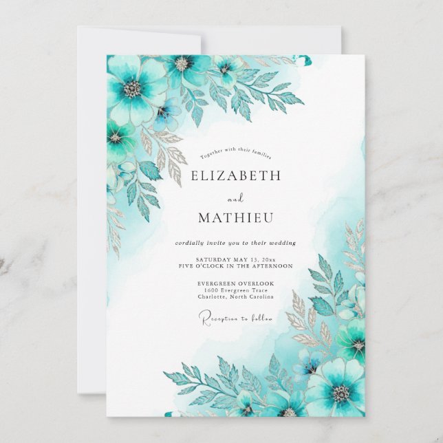 Convites Teal Glacial Botanical Winter Wedding (Frente)