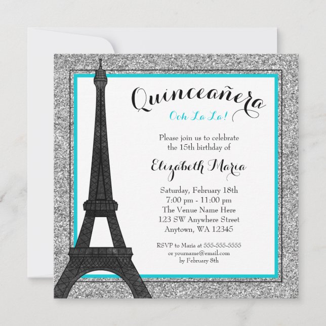 Convites Teal Glam Paris Faux Silver Glitter Quinceanera (Frente)
