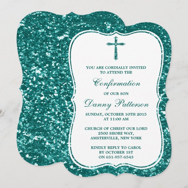 Convites Teal Glitter Cruz Santa Comunhão Ou Confirmação (Frente/Verso)