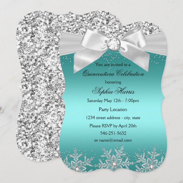 Convites Teal Glitter Jewel Arco Snowflake Quinceanera (Frente/Verso)