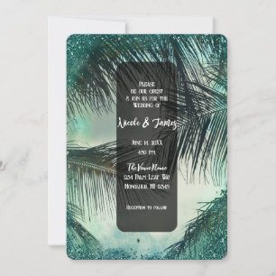 Convites Teal Glitter Vintage Glam Palm Casamento Tropical